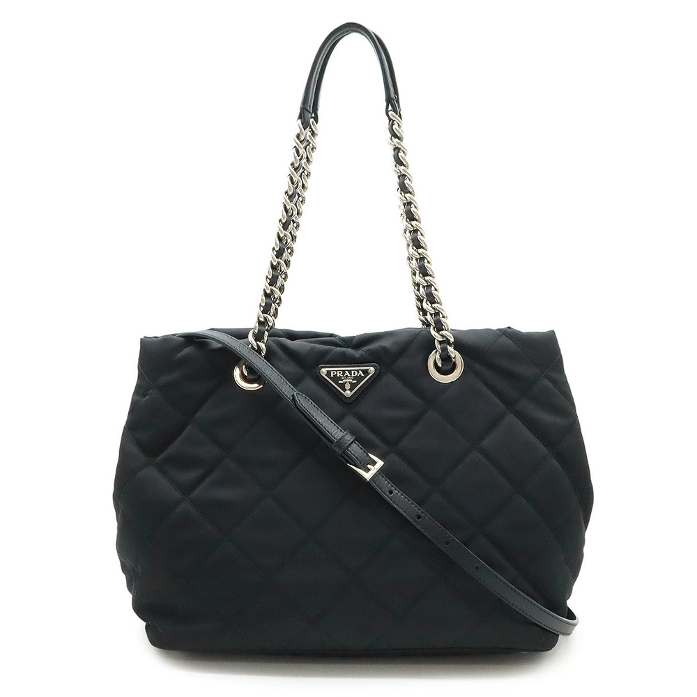 Prada Tessuto Triangle Quilted Shoulder Bag Chain Leather NERO Black